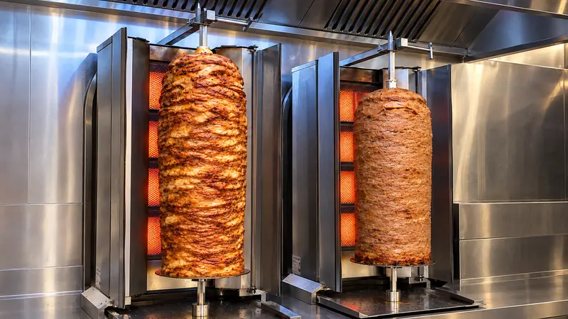 Twee döner-spiezen draaien voor de grill in de keuken van Bist Arnhem